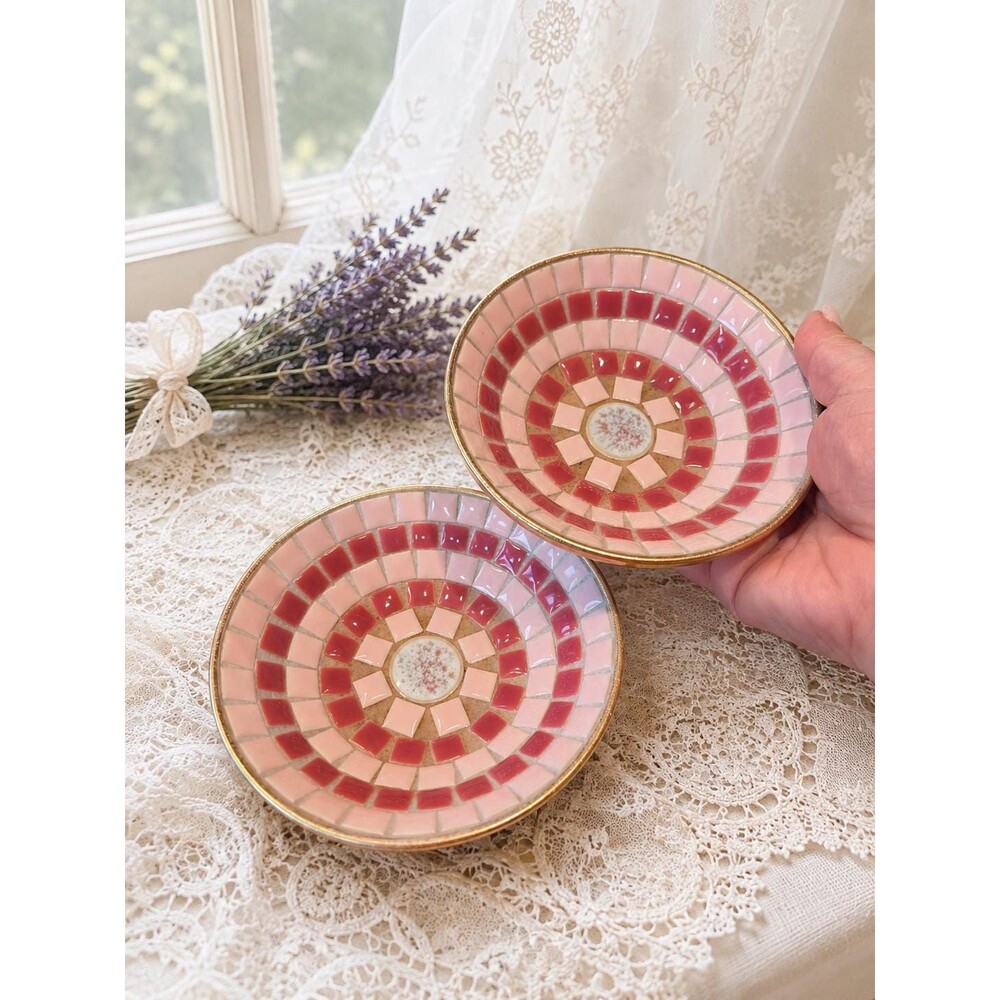 Vintage Pink Mosaic Trinket Dishes Set of 2 – Gold Tone Rim 5" Decorative Bowls